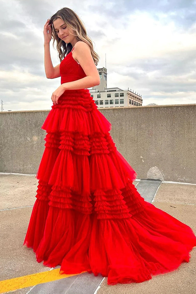 L1941 - V-Neck Spaghetti Straps Ruched Tulle A-Line Long Homecoming Court Dress