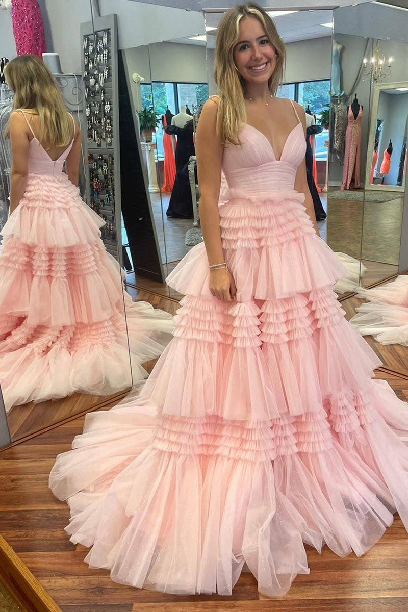 L1941 - V-Neck Spaghetti Straps Ruched Tulle A-Line Long Homecoming Court Dress
