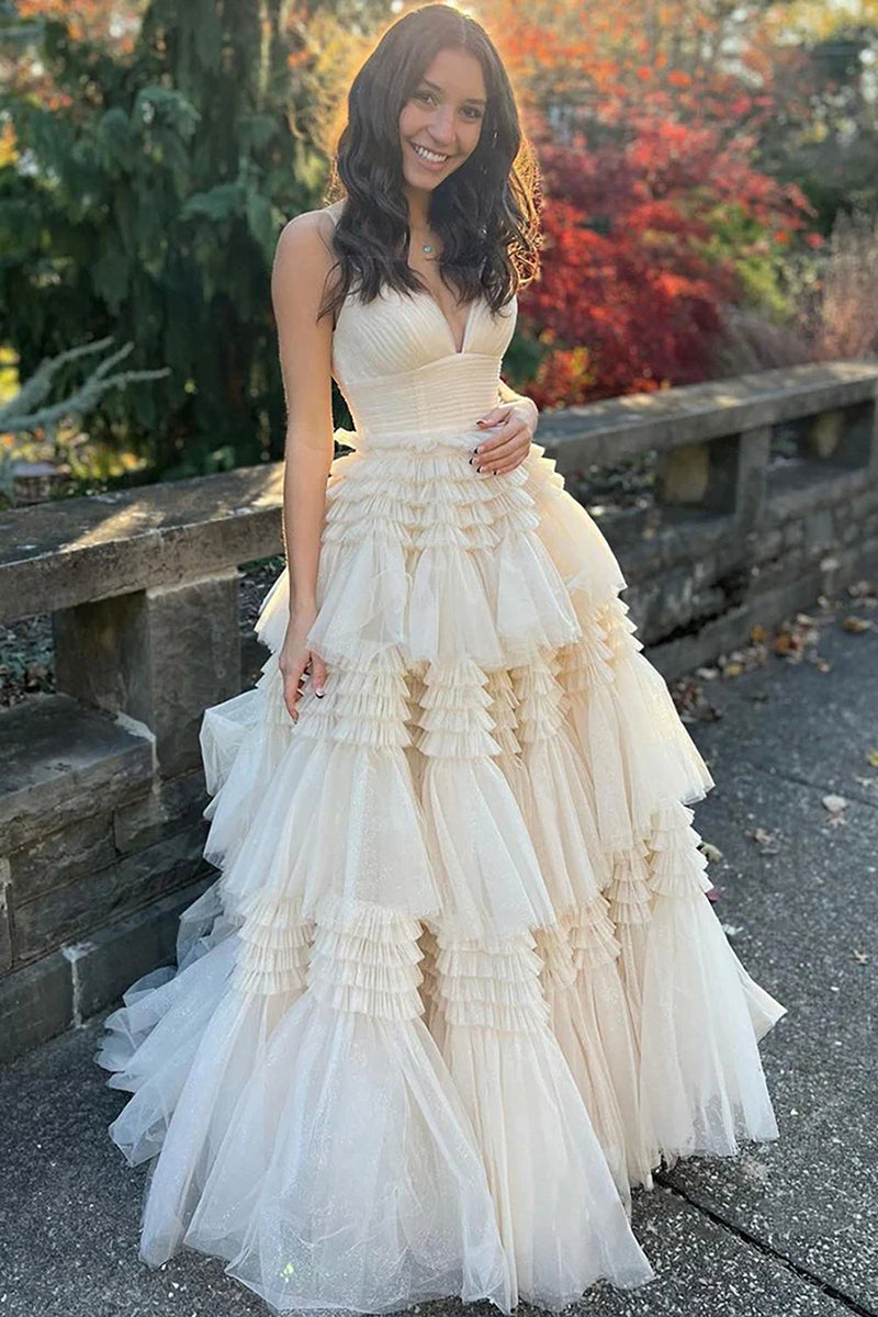 L1941 - V-Neck Spaghetti Straps Ruched Tulle A-Line Long Homecoming Court Dress