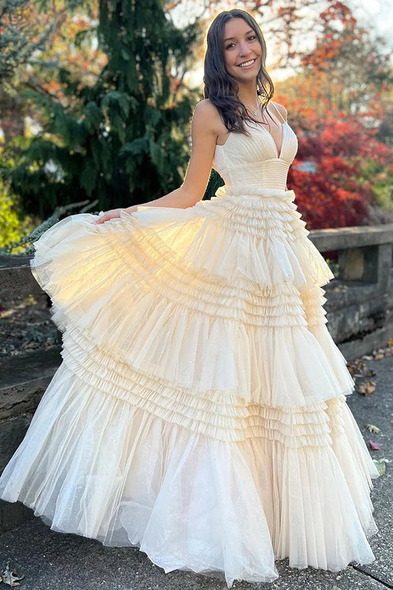 L1941 - V-Neck Spaghetti Straps Ruched Tulle A-Line Long Homecoming Court Dress