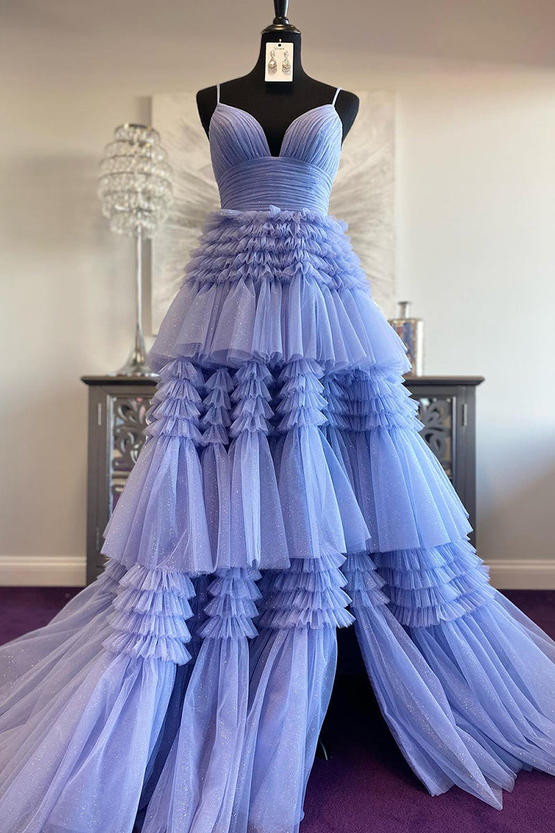 L1941 - V-Neck Spaghetti Straps Ruched Tulle A-Line Long Homecoming Court Dress