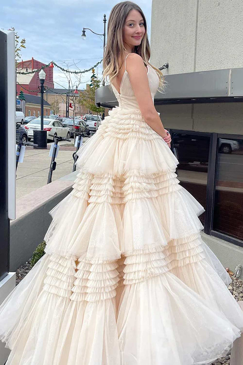 L1941 - V-Neck Spaghetti Straps Ruched Tulle A-Line Long Homecoming Court Dress