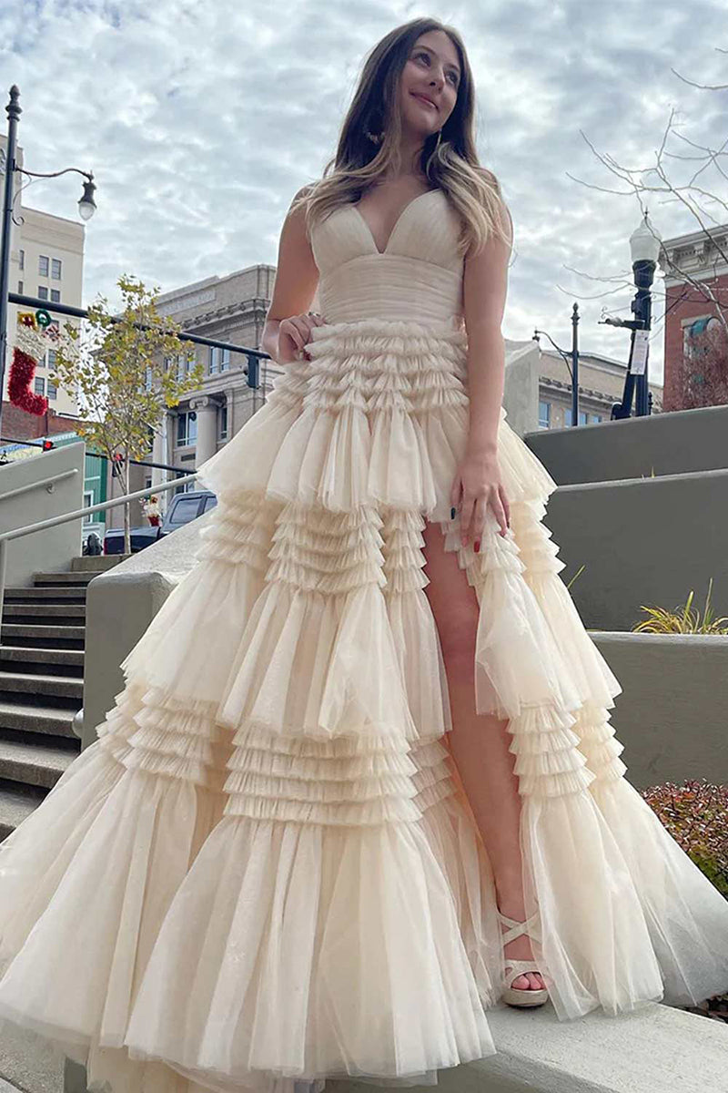L1941 - V-Neck Spaghetti Straps Ruched Tulle A-Line Long Homecoming Court Dress