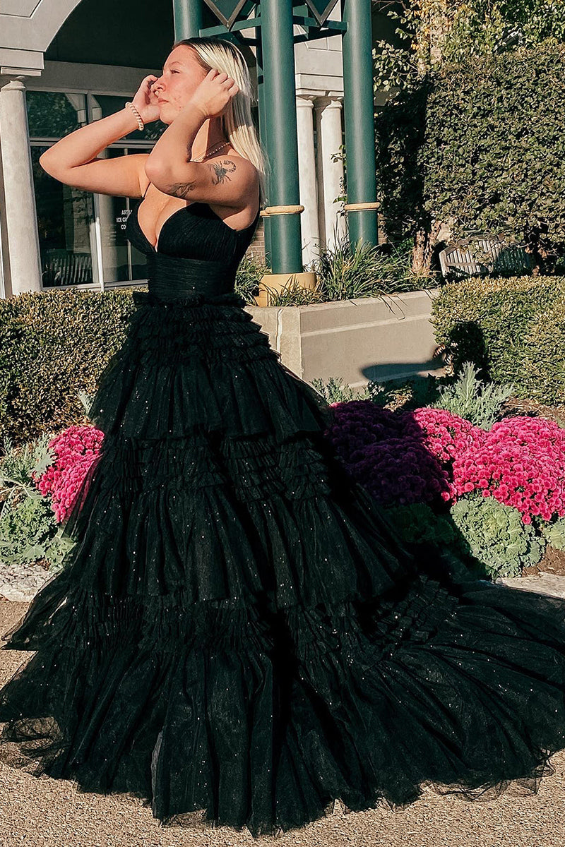 L1941 - V-Neck Spaghetti Straps Ruched Tulle A-Line Long Homecoming Court Dress