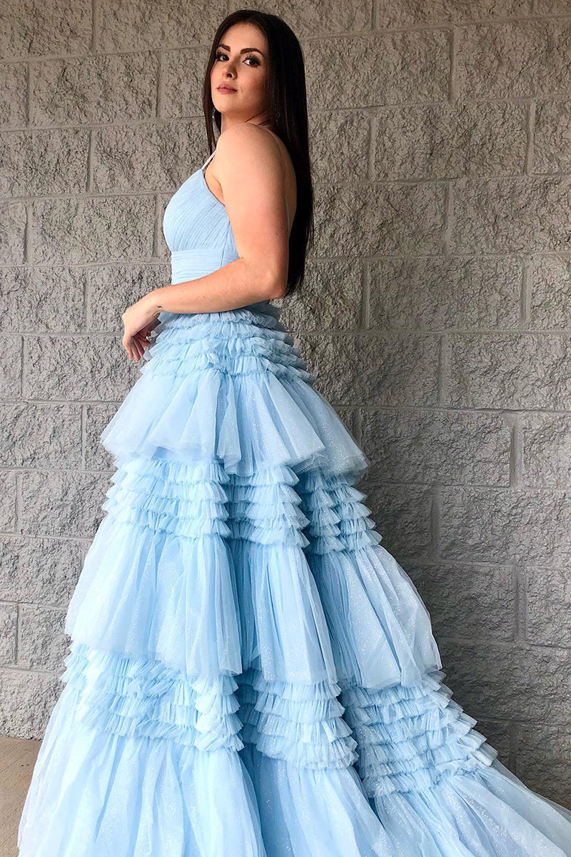 L1941 - V-Neck Spaghetti Straps Ruched Tulle A-Line Long Homecoming Court Dress