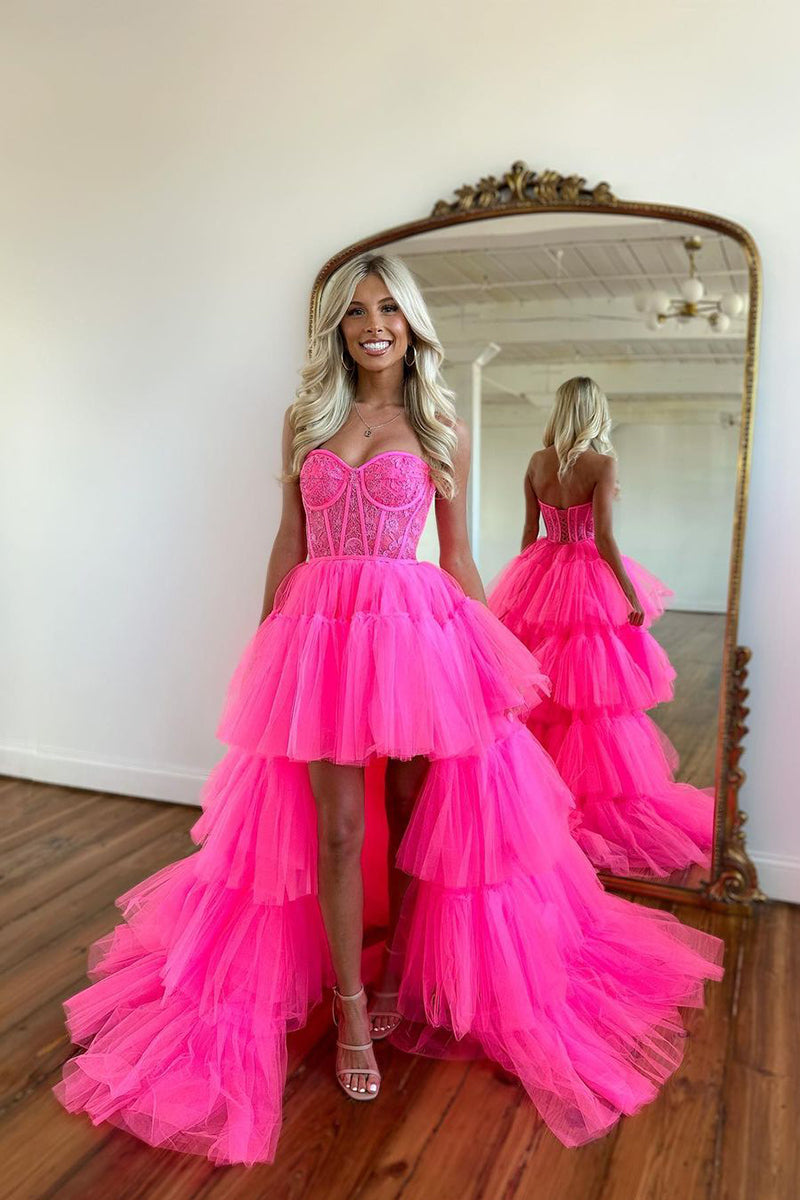L1942 - Sweetheart Strapless Ruched Tulle High Low Homecoming Court Dress