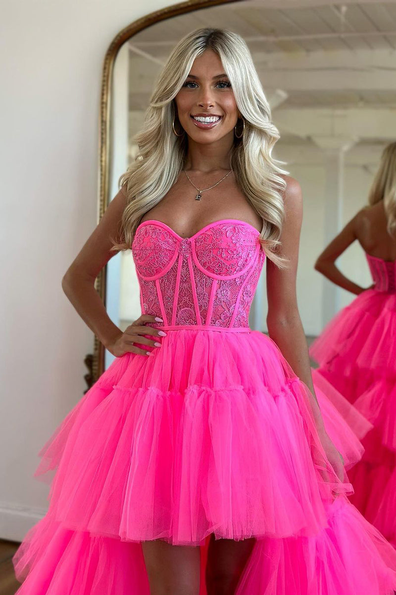 L1942 - Sweetheart Strapless Ruched Tulle High Low Homecoming Court Dress
