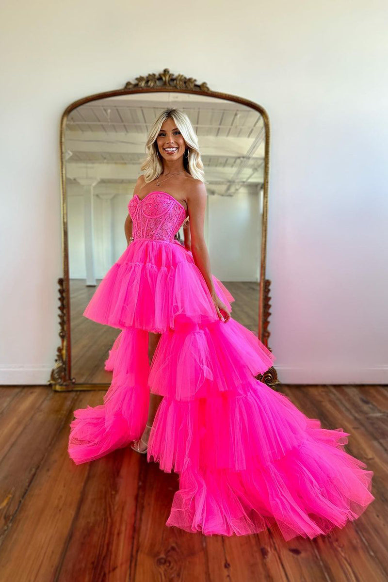 L1942 - Sweetheart Strapless Ruched Tulle High Low Homecoming Court Dress