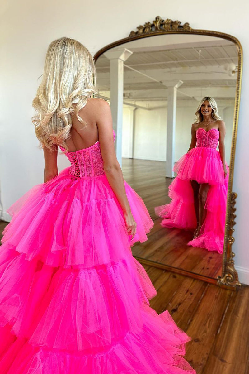 L1942 - Sweetheart Strapless Ruched Tulle High Low Homecoming Court Dress