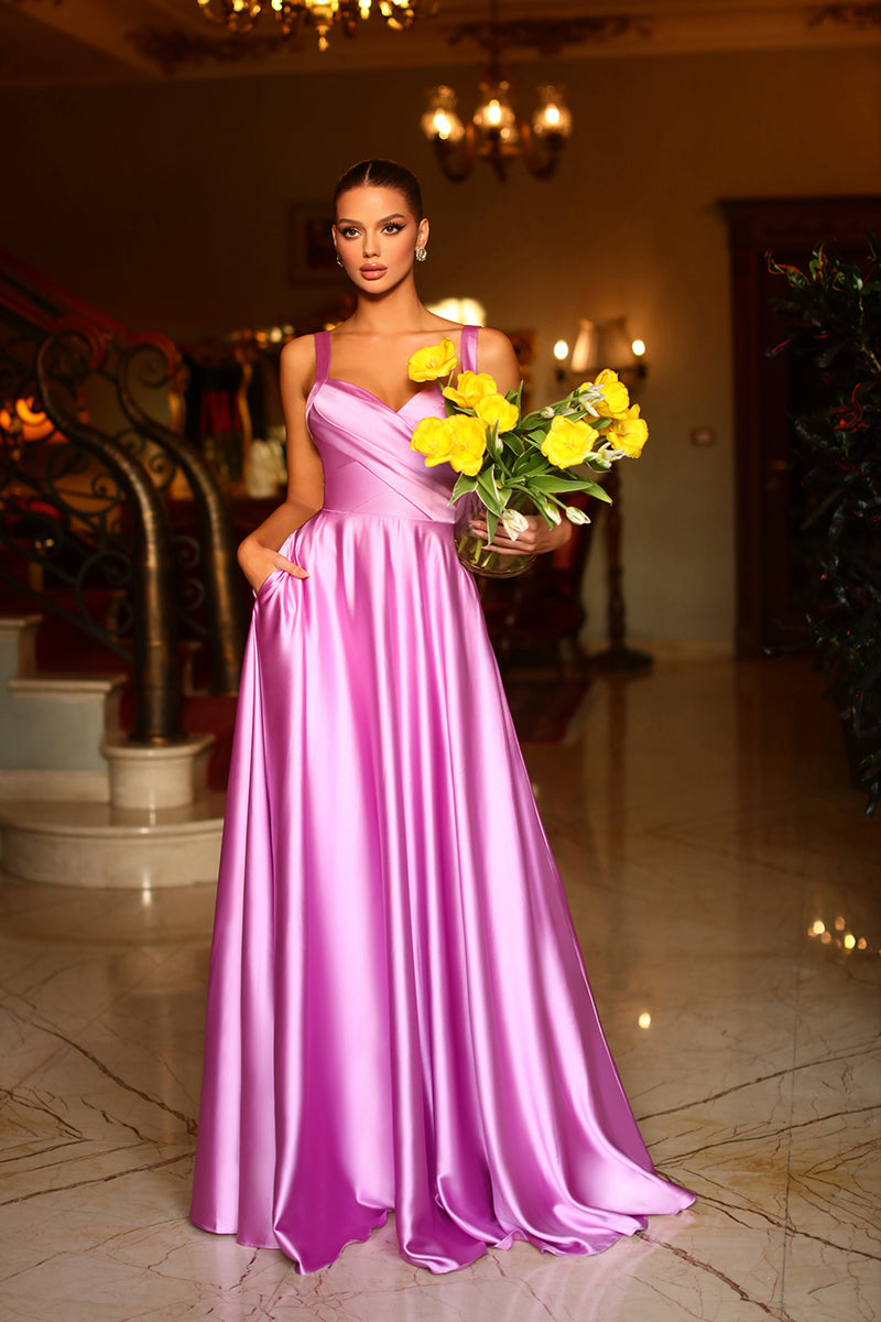 L1944 - Simple V-Neck Sleeveless Ruched Satin A-Line Long Prom Evening Dress