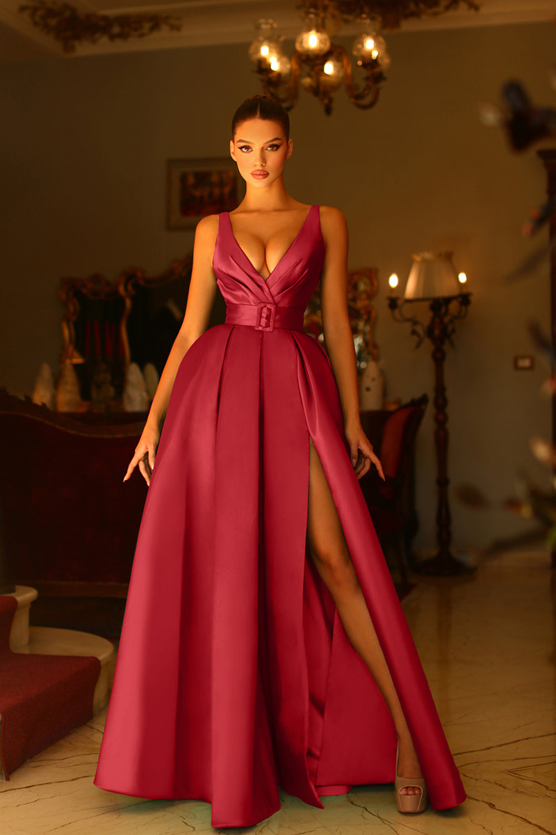 L1945 - V-Neck Sleeveless Ruched Satin A-Line Long Prom Evening Dress With Slit