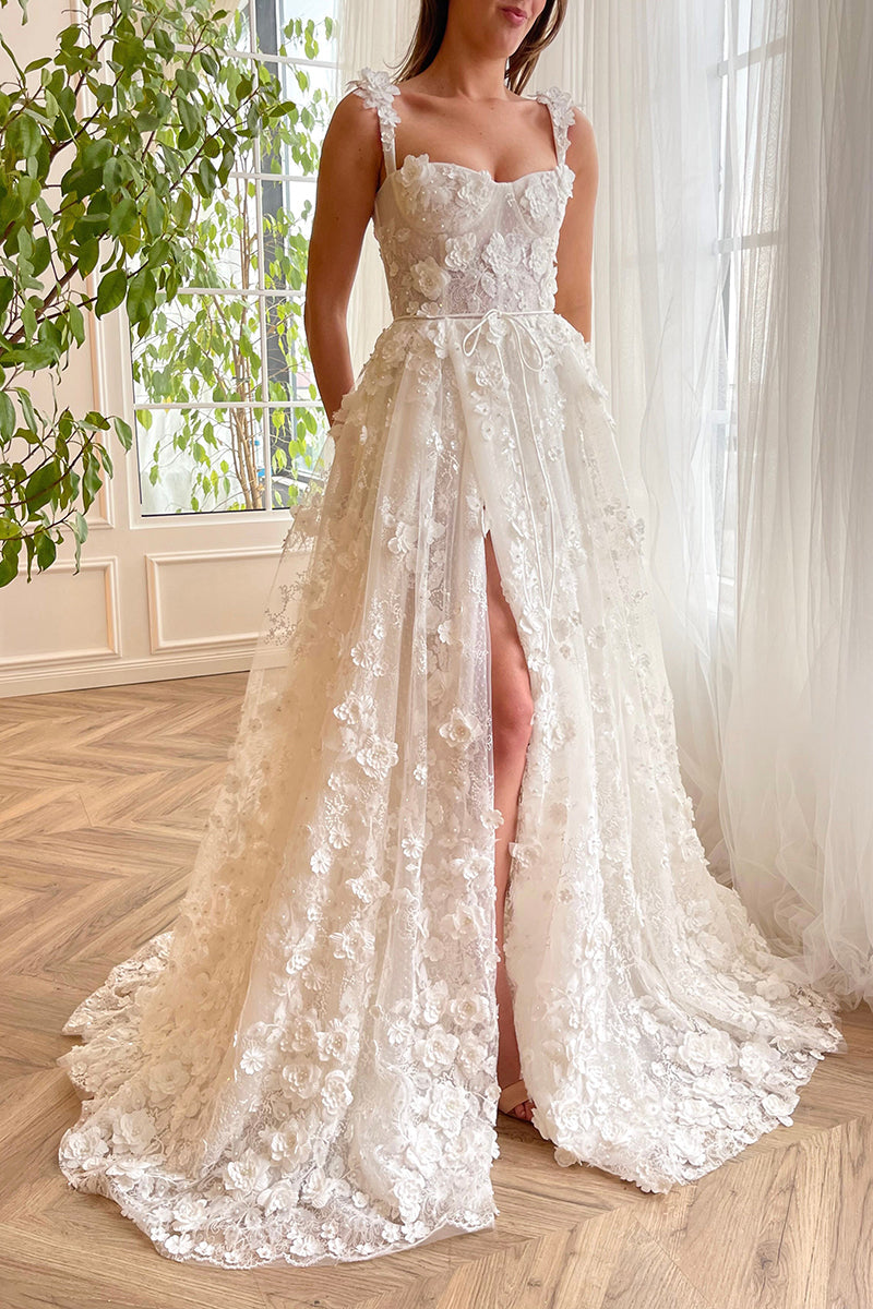 L1967 - Square Neck Lace Appliqued Tulle A-Line Long Prom Evening Dress With Slit