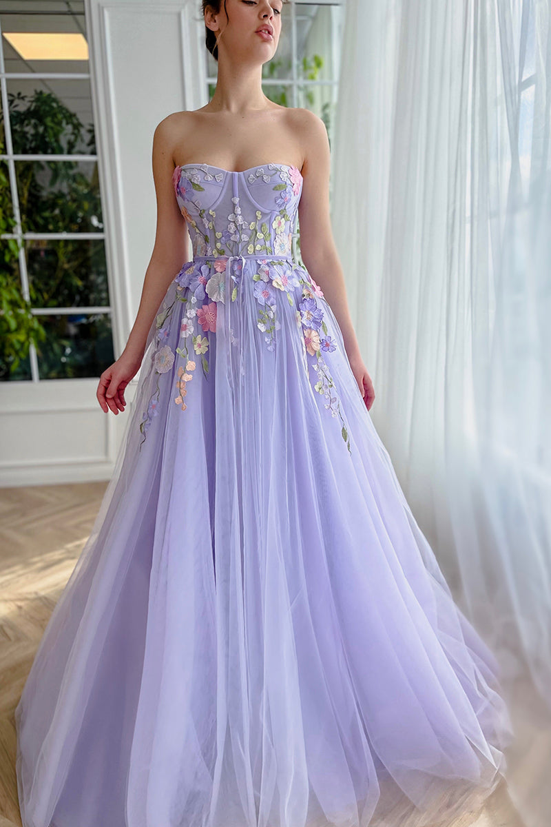 L1968 - Sweetheart Strapless Floral Appliqued Tulle A-Line Long Prom Evening Dress