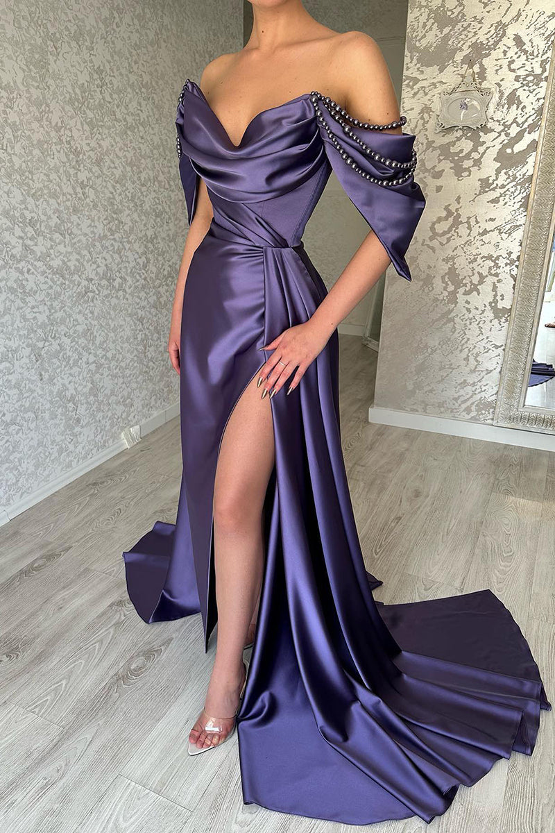 L1977 - Off-Shoulder Beaded Ruched Satin Sheath Long Evening Prom Dress With Slit