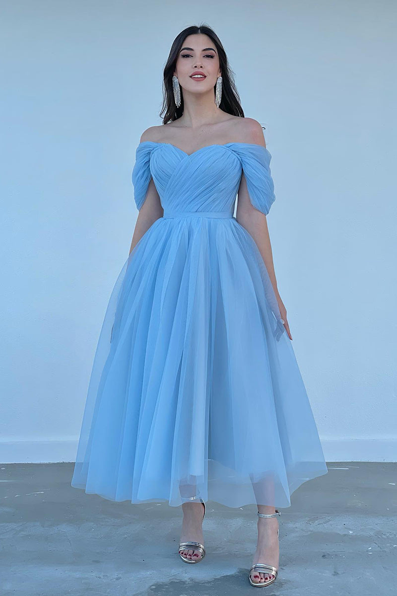 L1981 - Off-Shoulder Sleeveless Ruched Tulle A-Line Tea Length Evening Prom Dress