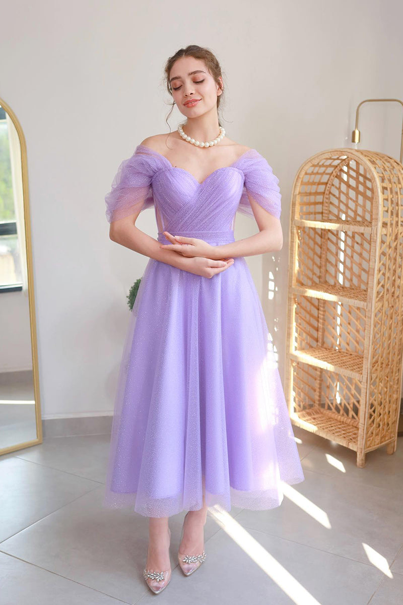 L1982 - Off-Shoulder Sleeveless Ruched Tulle A-Line Tea Length Evening Prom Dress