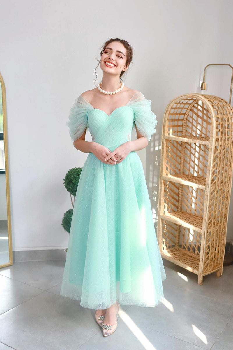 L1983 - Off-Shoulder Sleeveless Ruched Tulle A-Line Tea Length Evening Prom Dress