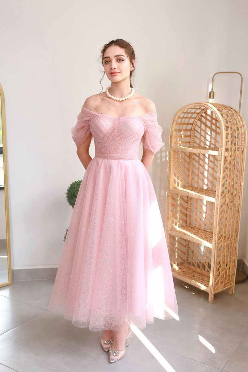 L1984 - Off-Shoulder Sleeveless Ruched Tulle A-Line Tea Length Evening Prom Dress