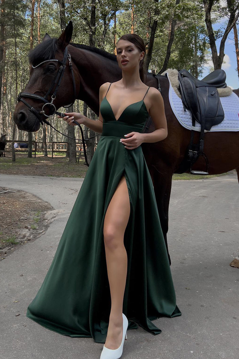 L1987 - V-Neck Spaghetti Straps Sleeveless Satin A-Line Long Evening Prom Dress