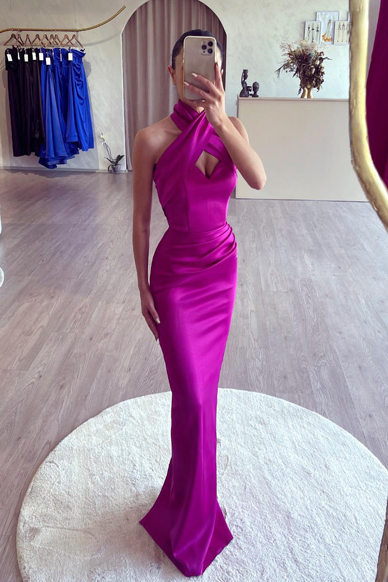 L1994 - Cross Neck Halter Sleeveless Ruched Satin Sheath Long Prom Evening Dress