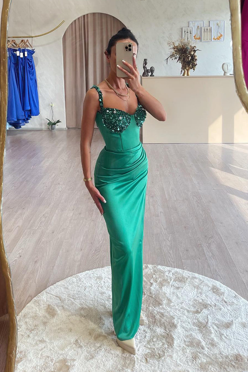 L1995 - V-Neck Sequined Beaded Ruched Satin Long Sheath Prom Evening Dress