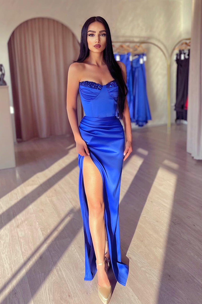 L1996 - Strapless Sleeveless Sequined Ruched Satin Sheath Long Prom Evening Dress