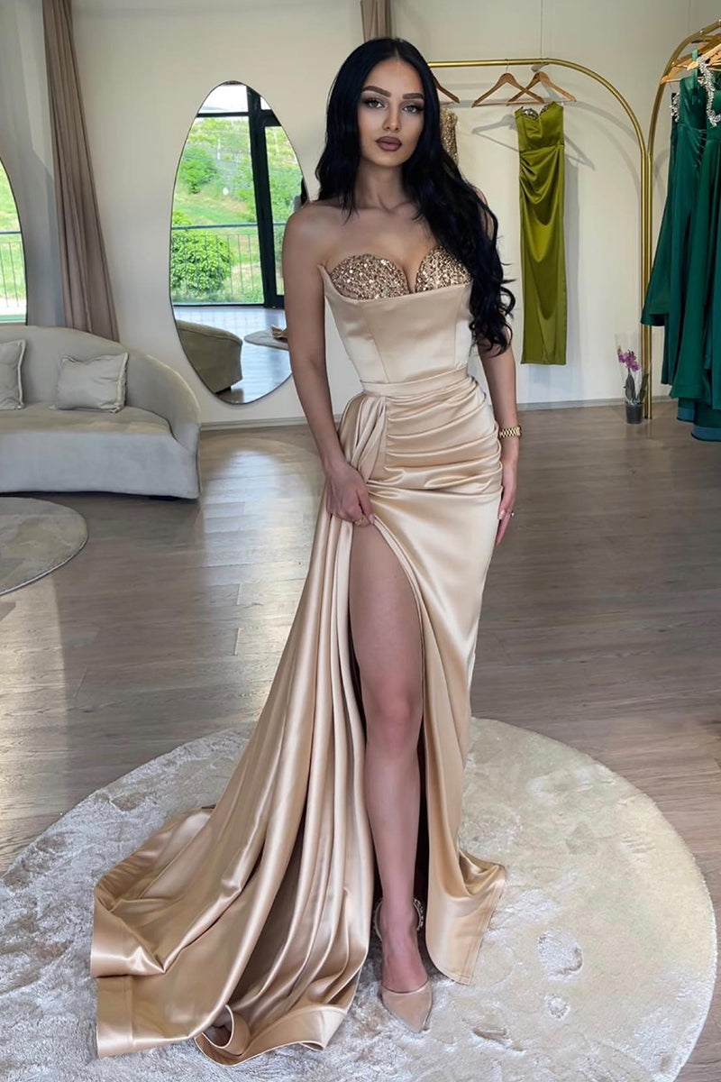 L2000 - Sweetheart Strapless Sequined Ruched Satin Sheath Long Prom Evening Dress