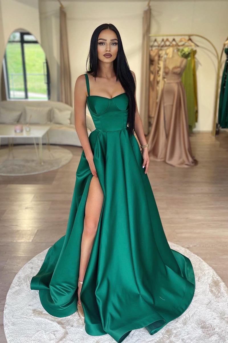 L2001 - Square Neck Sleeveless Ruched Satin A-Line Long Evening Prom Dress With Slit