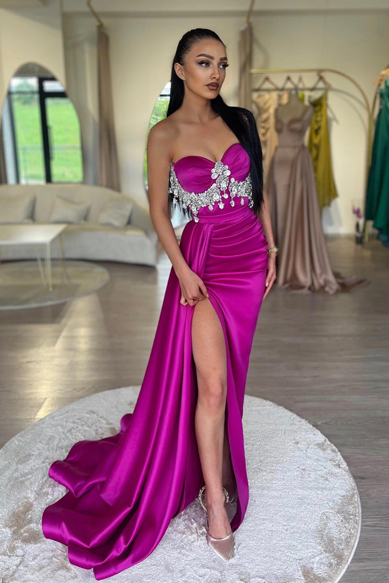 L2007 - Sweetheart Strapless Beaded Ruched Satin Sheath Long Evening Prom Dress