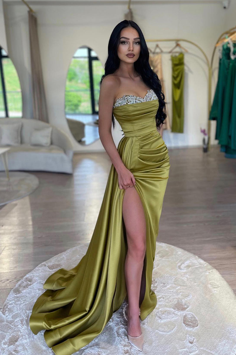 L2009 - Sweetheart Strapless Beaded Ruched Satin Sheath Long Evening Prom Dress