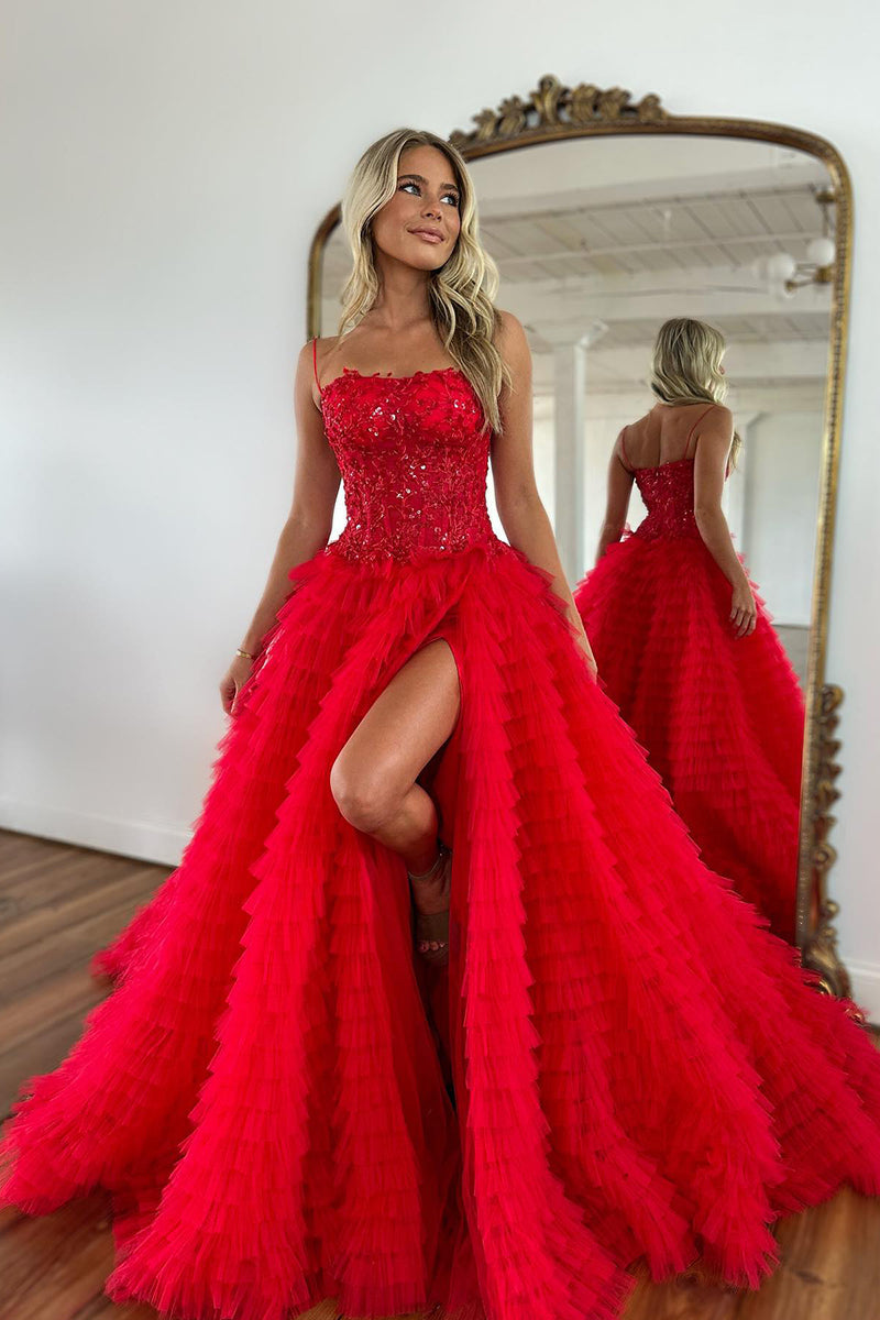 L2012 - Spaghetti Straps Sequined Beaded Tulle A-Line Long Evening Prom Dress