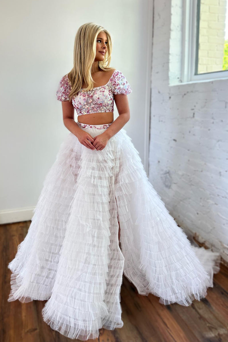 L2013 - Square Neck Short Sleeves Beaded Tulle A-Line Long Evening Prom Dress