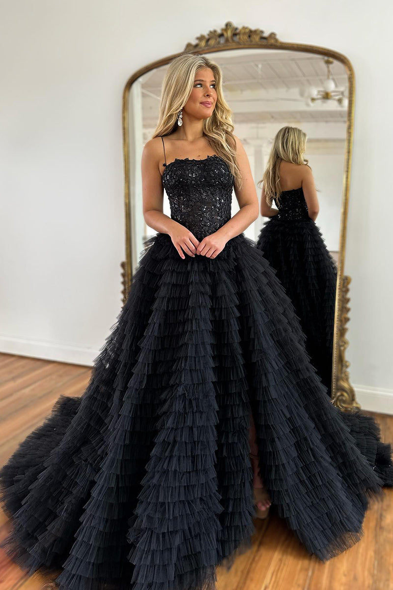 L2014 - Spaghetti Straps Sequined Beaded Tulle A-Line Long Evening Prom Dress