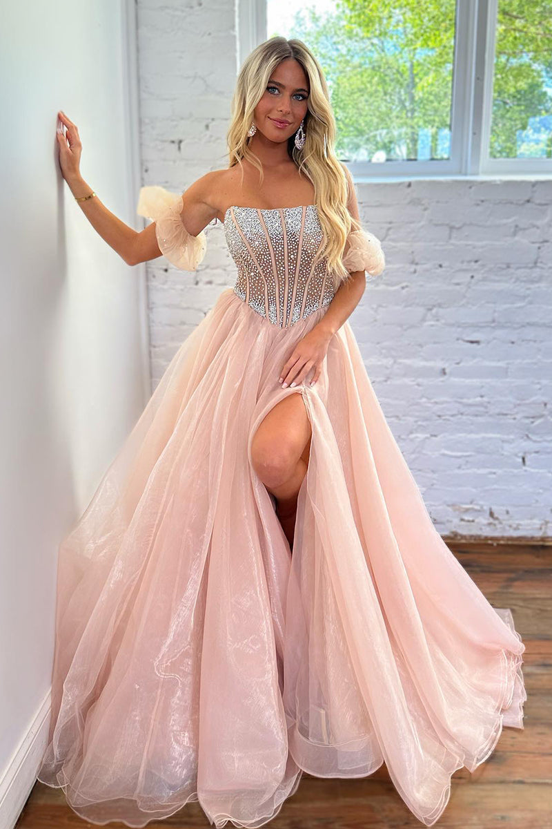 L2016 - Strapless Sleeveless Beaded Ruched Tulle A-Line Long Prom Dress With Slit