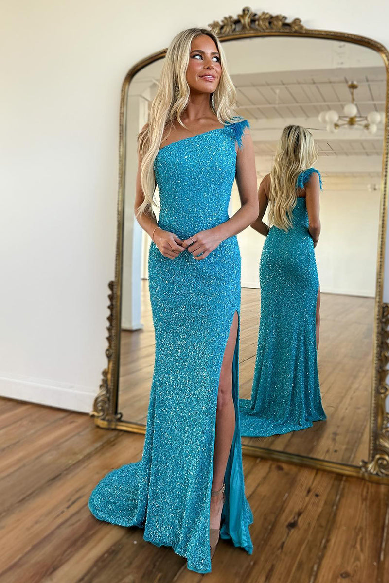 L2018 - One Shoulder Sequined Feather Sheath Long Prom Evening Dress With Slit