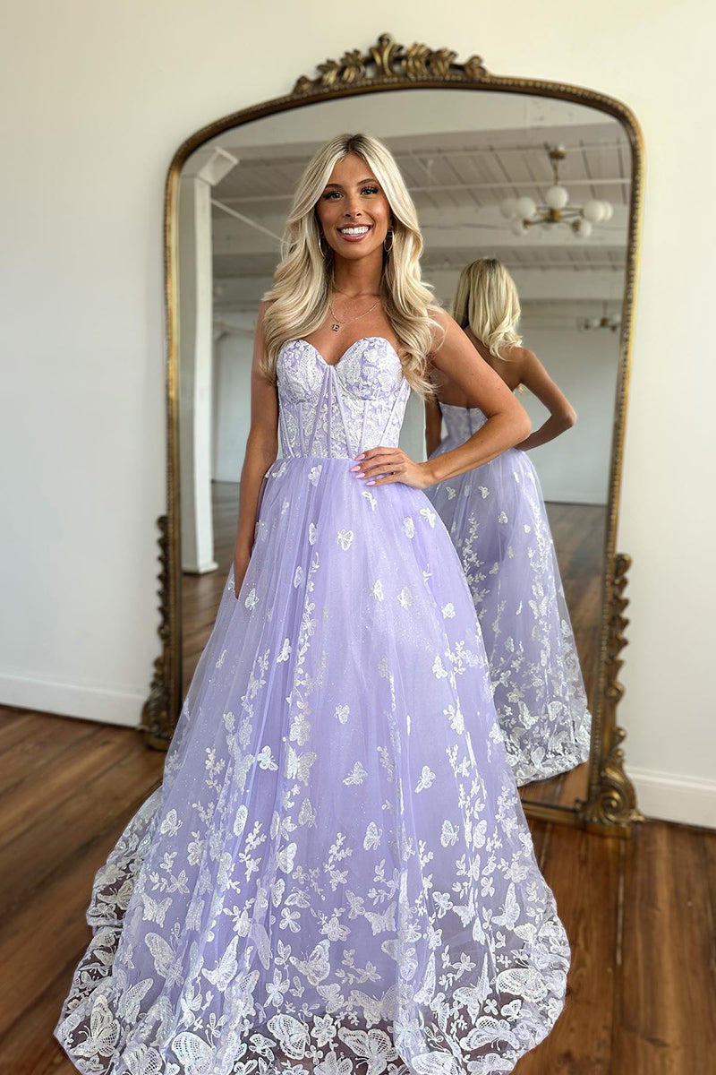 L2020 - Sweetheart Strapless Sleeveless Lace Tulle A-Line Long Prom Evening Dress