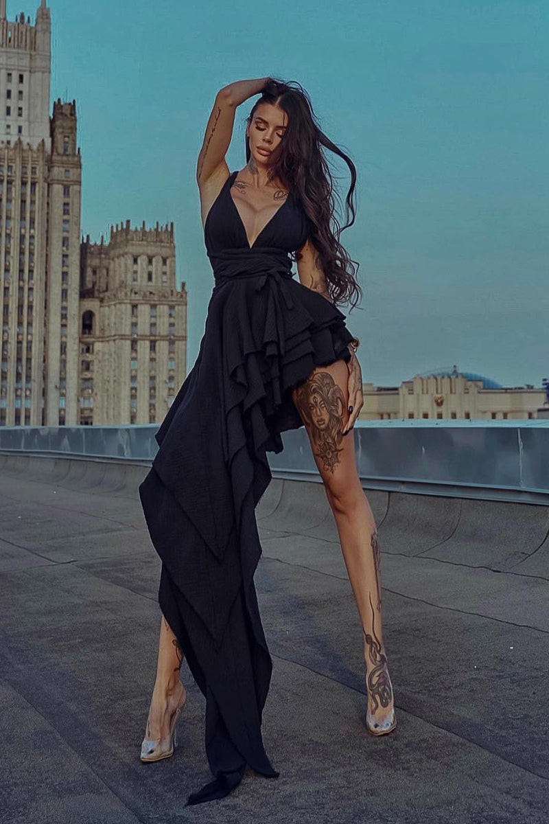 L2027 - Low V-Neck Sleeveless Ruched Satin A-Line Mini Homecoming Party Dress