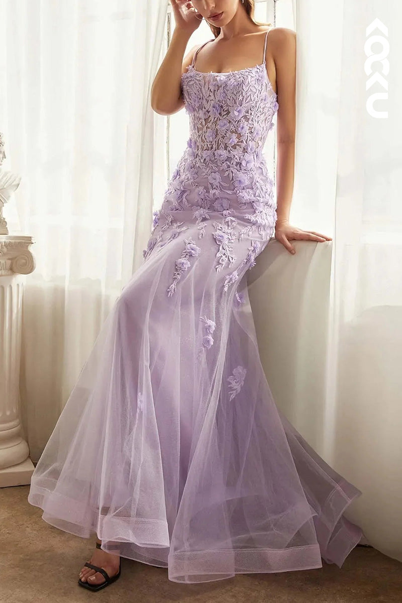 L2032 - Spaghetti Straps Floral Appliqued Sheer Tulle Mermaid Long Prom Evening Dress