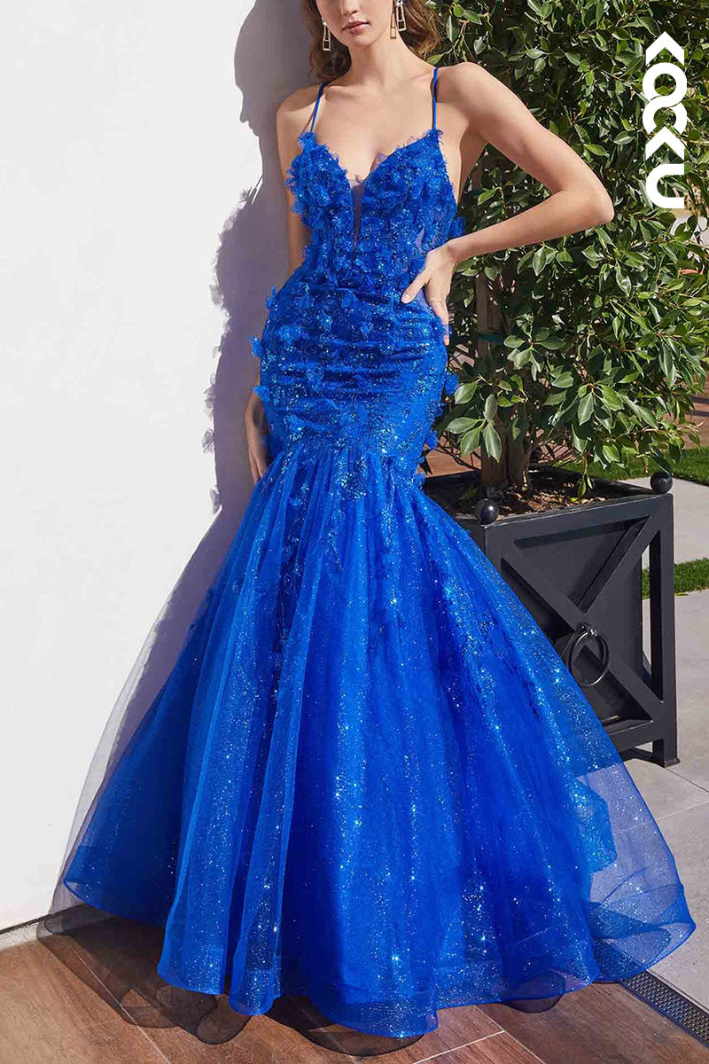 L2035 - V-Neck Spaghetti Straps Appliqued Tulle Mermaid Long Prom Evening Dress