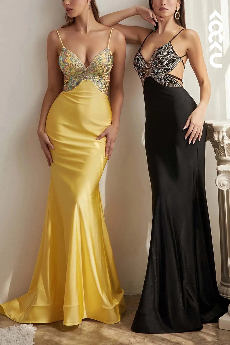 L2036 - V-Neck Spaghetti Straps Beaded Satin Mermaid Long Prom Evening Dress