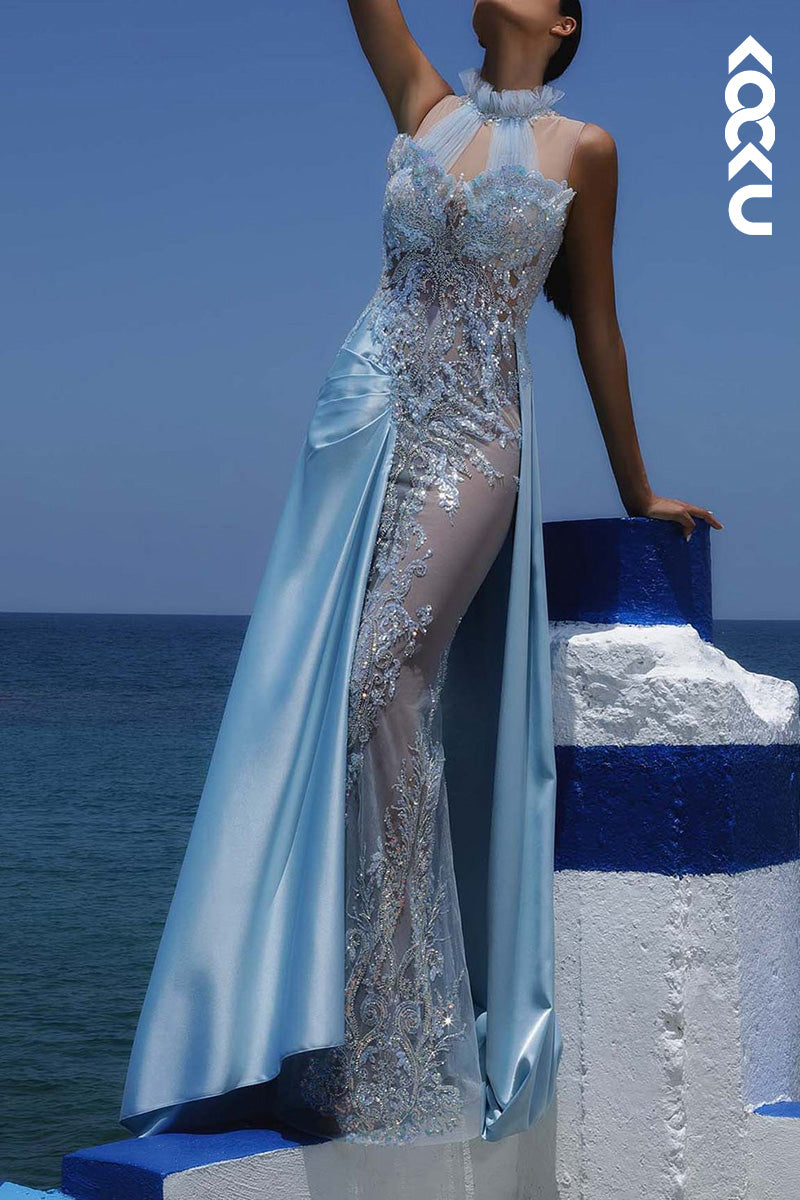L2037 - High Neck Sleeveless Beaded Sheer Tulle Satin Sheath Long Prom Evening Dress