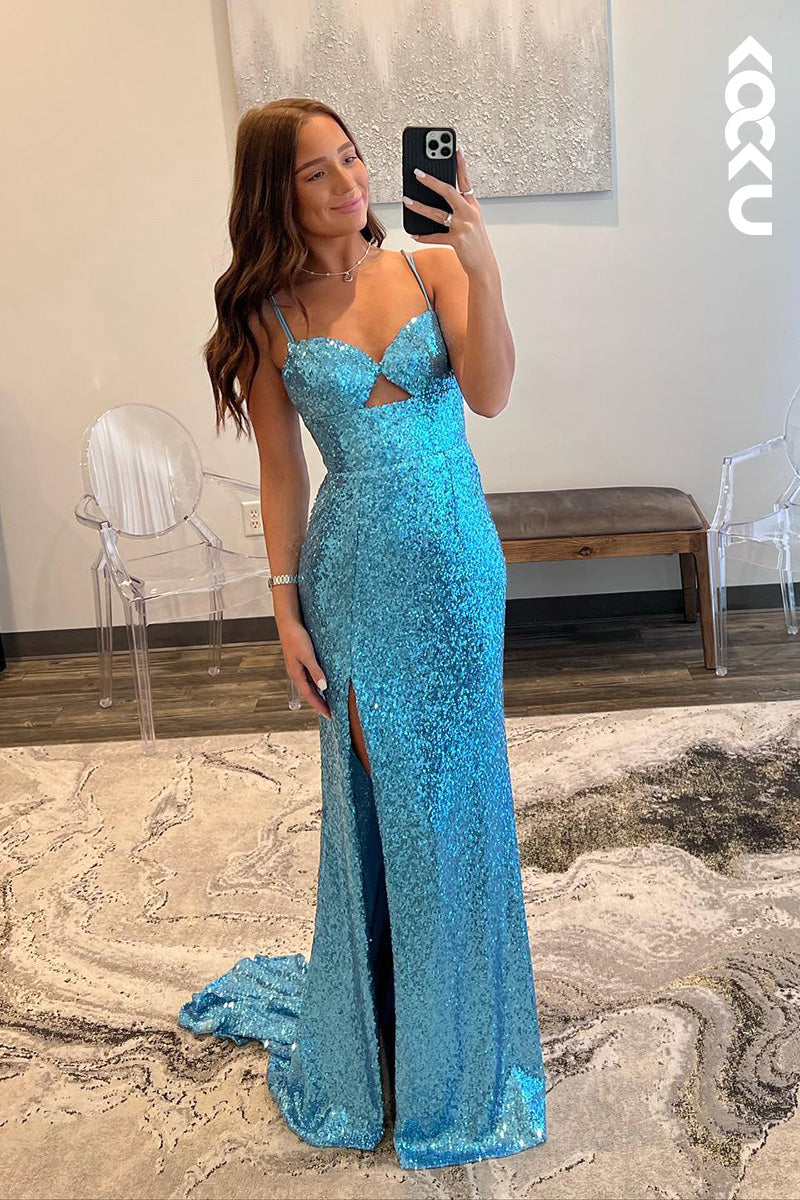 L2040 - V-Neck Spaghetti Straps Sequined Cut Outs Sheath Long Prom Evening Dress