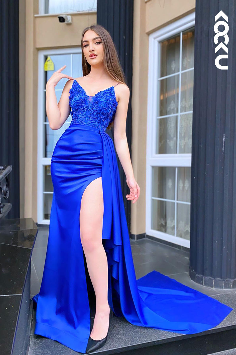 L2041 - V-Neck Spaghetti Straps Appliqued Ruched Satin Sheath Long Prom Evening Dress