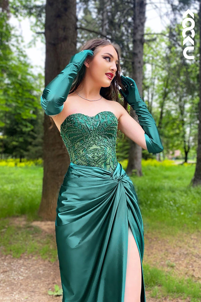 L2044 - Sweetheart Strapless Beaded Ruched Satin Sheath Long Prom Evening Dress