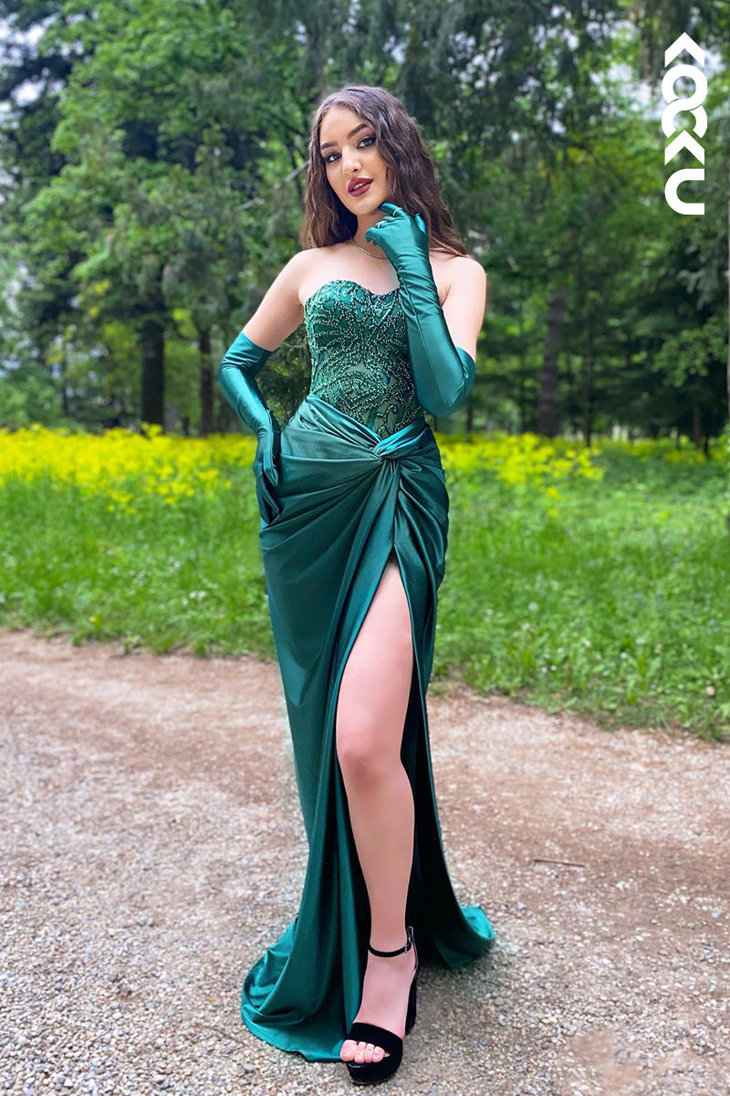 L2044 - Sweetheart Strapless Beaded Ruched Satin Sheath Long Prom Evening Dress