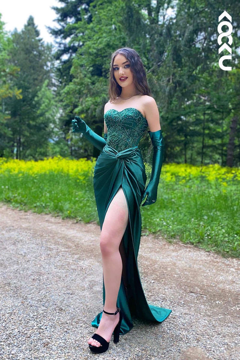 L2044 - Sweetheart Strapless Beaded Ruched Satin Sheath Long Prom Evening Dress