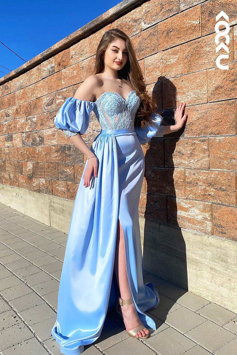 L2045 - Off-Shoulder Short Sleeves Appliqued Ruched Satin Sheath Long Prom Dress