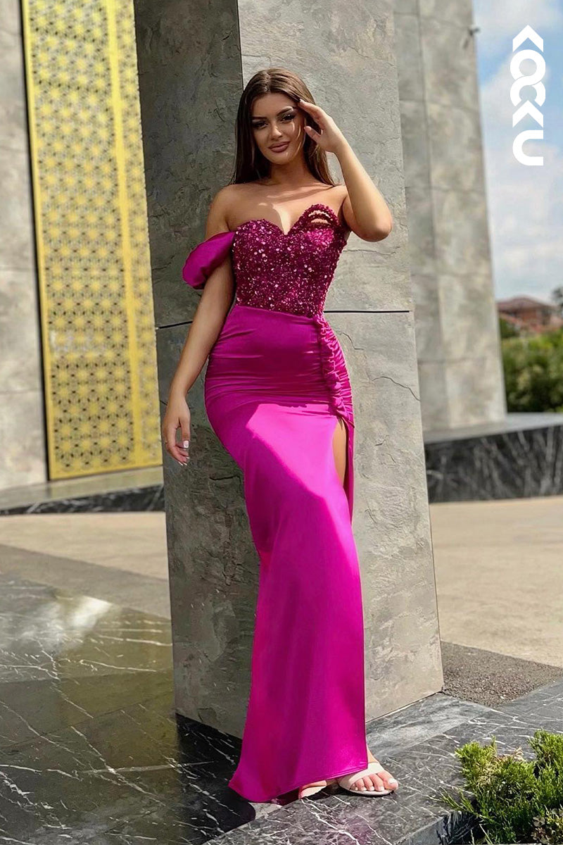 L2046 - One Shoulder Sweetheart Sequined Ruched Satin Sheath Long Prom Dress