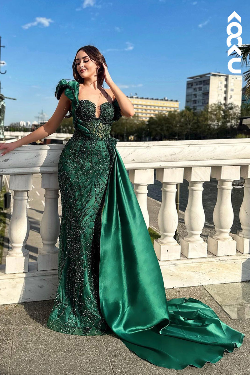 L2047 - One Shoulder Beaded Sheer Tulle Satin Sheath Long Prom Evening Dress