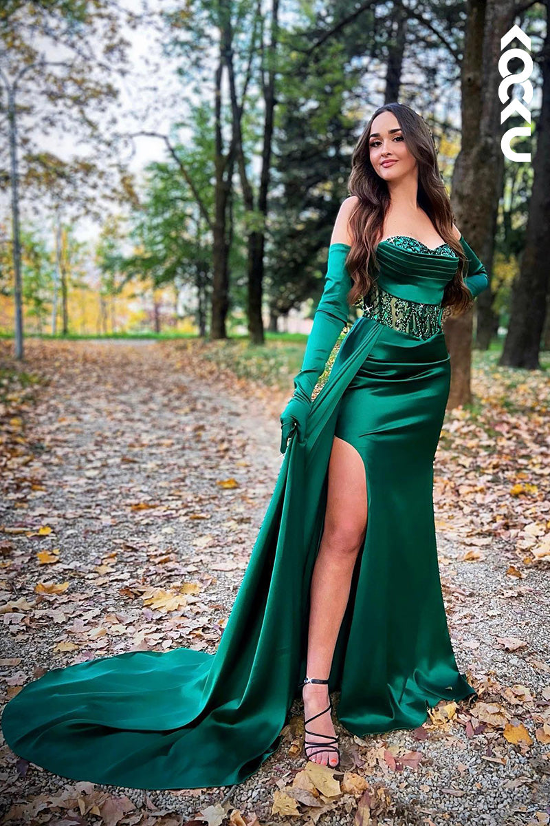 L2049 - Sweetheart Strapless Appliqued Ruched Satin Sheath Long Prom Evening Dress